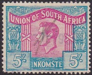 UNION SA - KGVI SINGLE STAMP, 5 SHILLING LANGUAGE ERROR (INKOMSTE ON UNION SA) - FINE USED!!!!!