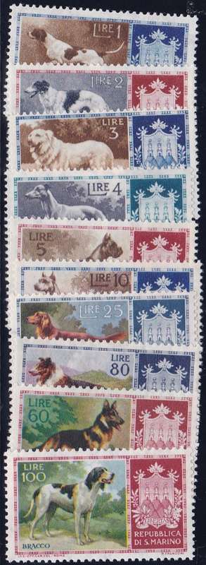 SAN MARINO - 1956 DOG BREEDS, SET OF 10 SINGLES TO 100 LIRE, SUPERB U/M - CV:R600!!!!!