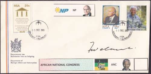 RSA - MANDELA & DE KLERK, COMMEMORATIVE COVER, CANCELLED 09/12/2013 - SIGNED BY F.W. DE KLERK!!!!!