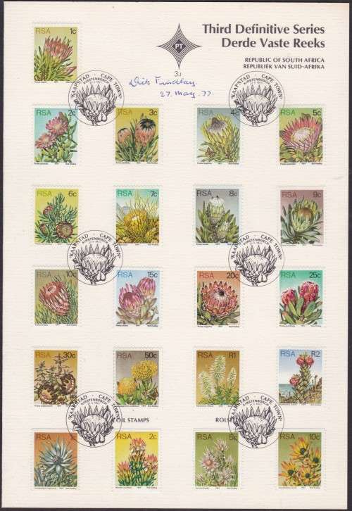 RSA - PROTEAS FOLDER 3.1, SIGNED BY STAMP ARTIST DICK FINDLAY, DATED DAY OF ISSUE - FINE!!!!!