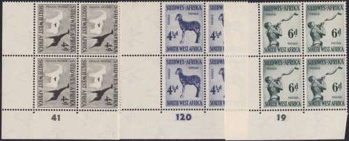 SWA - 1954 DEFINITIVES, 4D AND 4&1/2D AND 6D CONTROL BLOCKS OF 4 - FINE:MOUNTED IN MARGIN ONLY!!!!!