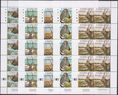 ZIMBABWE - WILDLIFE OF ZIMBABWE, SET OF 5 FULL SHEETS TO 100 000 DOLLARS - SUPERB U/M!!!!!