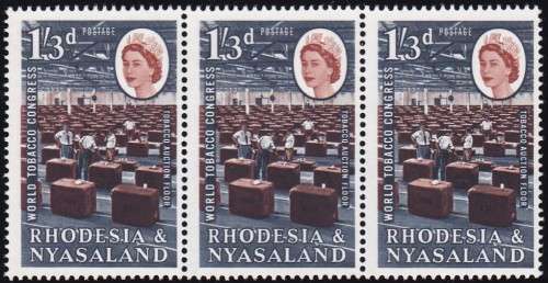 RHODESIA & NYASALAND - QE2 TOBACCO CONFERENCE, 1/3D VARIETY=EXTRA ROOF LIGHT - U/M STRIP OF 3!!!!!