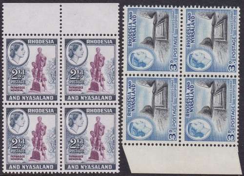 RHODESIA & NYASALAND - 1959 QE2, 2&1/2D AND 3D BLOCKS OF 4, BOTH FINE U/M - CV:R220!!!!!