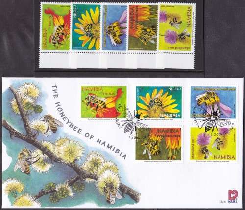 NAMIBIA - HONEYBEES OF NAMIBIA, FDC 3.42B WITH SET OF U/M 5 SINGLES - BEAUTIFUL SET!!!!!