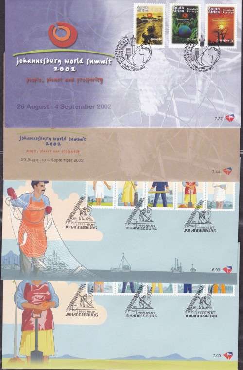RSA - WORKERS OF SA & JHB WORLD SUMMIT, 2 X SETS OF FDC'S, 6.99 & 7.00 AND 7.37 & 7.44-FINE & CLEAN!