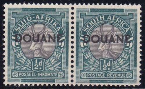 UNION SA - 1/2D SPRINGBOK PAIR WITH 'DOUANE' OVERPRINTS - NO GUM:UNUSED?