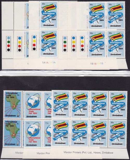 ZIMBABWE - 1984 INT. TRADE FAIR, SET OF 3 IMPRINTS & 6 CONTROL BLOCKS (A&B PANES) - ALL FINE U/M!!!!