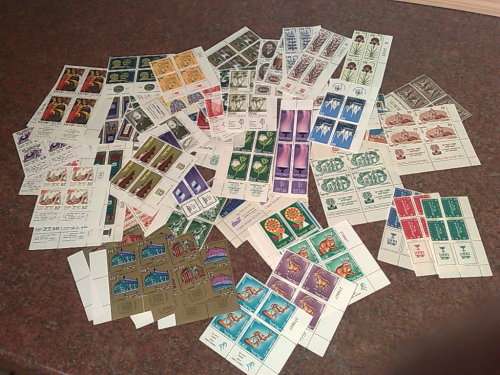 ISRAEL-60 ASSORTED BLOCKS OF FOUR WITH TABS-(SOME  HAVE SHEET NUMBERS)-FINE UM