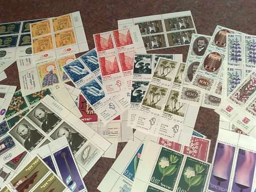 ISRAEL-60 ASSORTED BLOCKS OF FOUR WITH TABS-(SOME  HAVE SHEET NUMBERS)-FINE UM