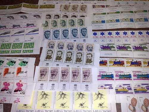 ISRAEL-50 ASSORTED STRIPS AND BLOCKS-ALL WITH TABS-HIGH FACE VALUE LOT-ALL UM