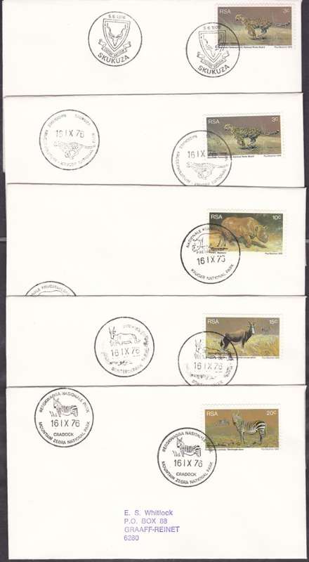 RSA - SKUKUZA & KRUGER PARK & ETC., 5 X COVERS WITH DATE STAMPS OF DIFFERENT PARKS - ALL FINE!!!!!