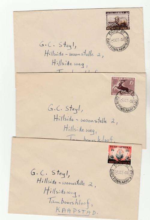 UNION SA-1953 INTERIM DEFINITIVES,SCARCE SET OF THREE FIRST DAY COVERS,PRIVATELY DONE