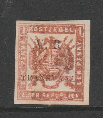 TRANSVAAL/ZAR-ONE PENNY ORANGE RED-ROULETTED,MINT WITH GUM,SCARCE POSSIBLE HIGH CV STAMP