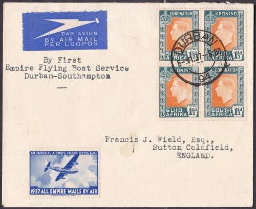 UNION SA - 1ST FLIGHT COVER, 1ST EMPIRE FLYING BOAT SERVICE DURBAN TO ENGLAND - FAIR!!!!!