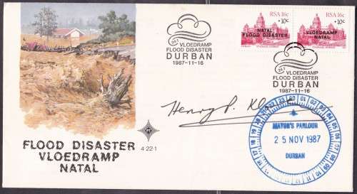 RSA - DURBAN FLOOD DISASTER FDC, SIGNED BY MAYOR, PLUS SCARCE DATE STAMP - SCARCE!!!!!