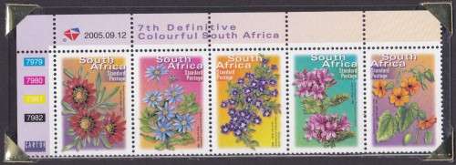 RSA - 7TH DEF ISSUE:FLOWERS, STANDARD POST CONTROL STRIP OF 5, DATED:2005/09/12 - FINE U/M!!!!!