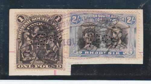 BSAC RH0DESIA-DOUBLE HEAD 2 SHILLING,LARGE ARMS ONE POUND,USED ON PIECE,FISCAL