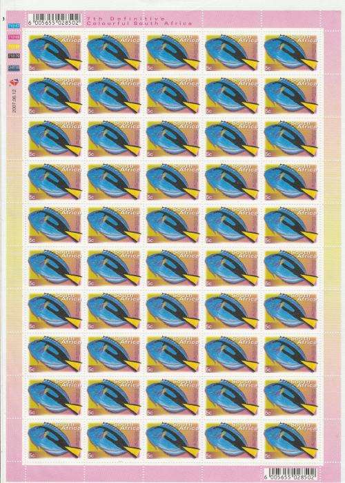RSA-7TH DEF-5c FISH-2X FULL SHEETS OF 50 STAMPS-2007-06-12 AND 2005-06-13-BOTH FINE UM