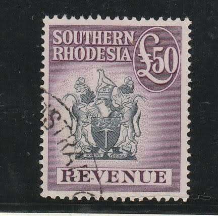 SOUTH RHODESIA-COAT OF ARMS-50 POUND REVENUE-FINE USED,SCARCE VALUE
