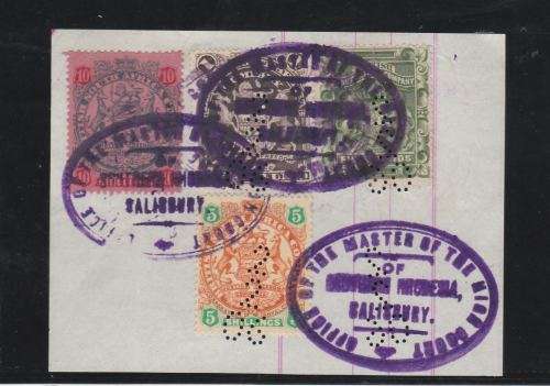 BSAC RHODESIA-ARMS 1892 FIVE POUNDS,1896 10/ & 1898 ONE POUND ON PIECE,FISCAL USED