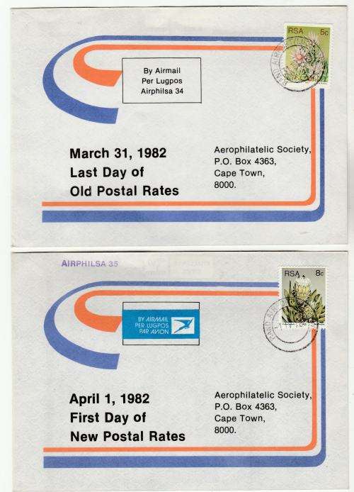 RSA-2 FLOWN COVERS,LAST AND FIRST DAY,OLD AND NEW POSTAL RATES-1982