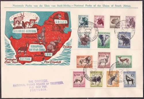 UNION SA - 1954 DEF ISSUE, SET OF SINGLES TO 10/ ON NATIONAL PARKS FDC, KRUGER PARK CANCELS - FAIR!!