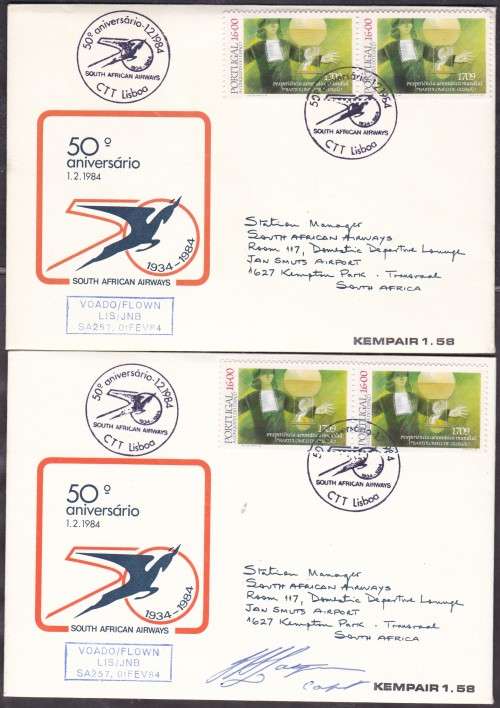 RSA - SA AIRWAYS 50TH ANNI, 2 X FLIGHT COVERS LISBOA TO JHB, 1 X UNSIGNED & 1 X SIGNED BY PILOT-FINE