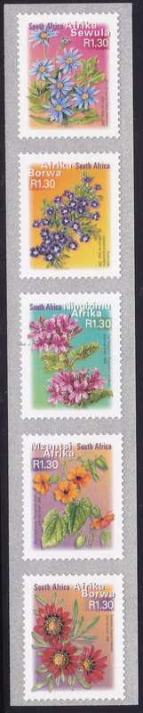 RSA - 7TH DEF ISSUE: FLOWERS, R1.30 ROLL STAMPS STRIP OF 5 (NUMBERED AT BACK) - U/M SELF-ADHESIVE!!!