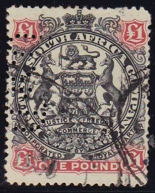 BSAC RHODESIA - 1897 LARGE ARMS, 1 POUND PERFIN USED SINGLE - POSTAL USED IS CV:R4200!!!!!