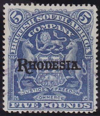 BSAC RHODESIA - 1909 ARMS, 5 POUND BLUE SINGLE, SEEMS FISCALLY USED, POSTAL USED CV=R63 500 - RARE!!