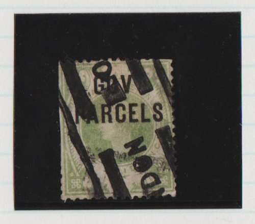 GREAT BRITAIN-Q VIC-GOVT PARCELS.-ONE SHILLING DULL GREEN-CV R4750-USED,TRIMMED-RARE STAMP
