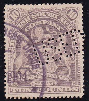BSAC RHODESIA - 1898 ARMS, RARE 10 POUND LILAC SINGLE, FINE FISCAL USED - HUGE CV STAMP!!!!!