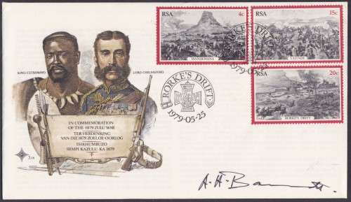 RSA - RORKE'S DRIFT, FDC 3.14 SIGNED BY STAMP ARTIST A.H. BARRETT - FINE!!!!!