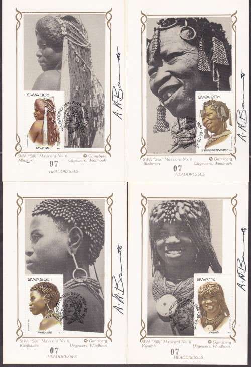 SWA - HEAD DRESSES, SET OF 4 SILK MAXI CARDS, ALL SIGNED BY STAMP ARTIST A.H. BARRETT - FINE!!!!!