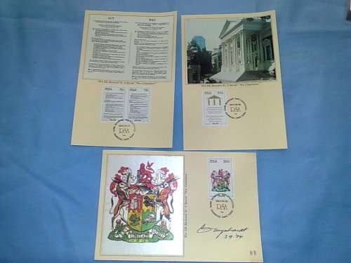 RSA-NEW CONSTITUTION-SET OF 3 MAXISILK CARDS-ONE SIGNED G MYNHARDT,THE DATE STAMP DESIGNER