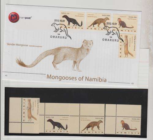 NAMIBIA-2012 MONGOOSES OF NAMIBIA-FDC 4.5 PLUS FINE UM SET OF CORNER SINGLES