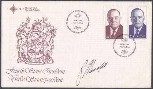 RSA - 4TH STATE PRESIDENT, FDC 3.10 SIGNED BY B.J. VORSTER - FAIR!!!!!