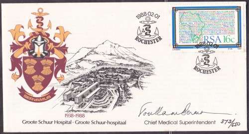 RSA - GROOTE SCHUUR 50TH ANNI FDC, SIGNED BY CHIEF MED SUPER INTENDENT!!!!!