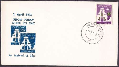 RSA - 1 APRIL 1971, INCREASED POSTAL RATE 4c, ILLUSTRATED FDC - SCARCE!!!!!