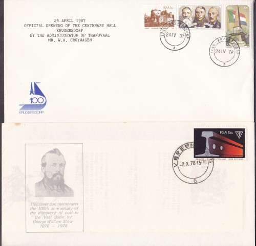 RSA - COAL + CENTENARY HALL KRUGERS DORP - 2 X ILLUSTRATED FDC'S!!!!!