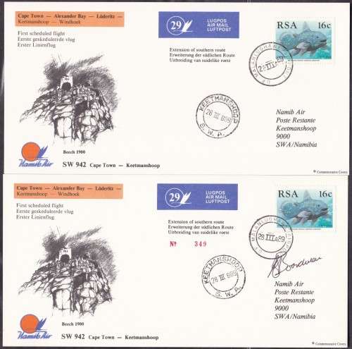 NAMIBIA - NAMIB AIR, 2 X FLIGHT FDC'S NO.29, 1 X UNSIGNED & 1 X SIGNED!!!!!