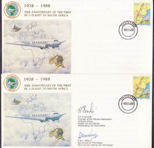 RSA - SA AIRFORCE, 2 X 50TH ANNI DC 3 FLIGHT - 1 X UNSIGNED & 1 WITH 2 SIGNATURES!!!!!