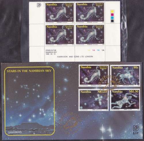 NAMIBIA - STARS IN THE NAMIBIAN SKY, FDC 2.17 + SET OF 4 U/M CONTROL BLOCKS - FINE!!!!!