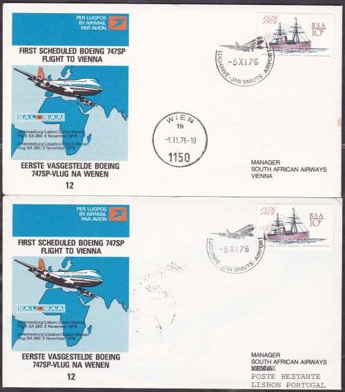RSA - SA AIRWAYS, 2 X FDC'S NO.12, VARIETY=ADDRESSED TO LISBON + NORMAL TO VIENNA!!!!!
