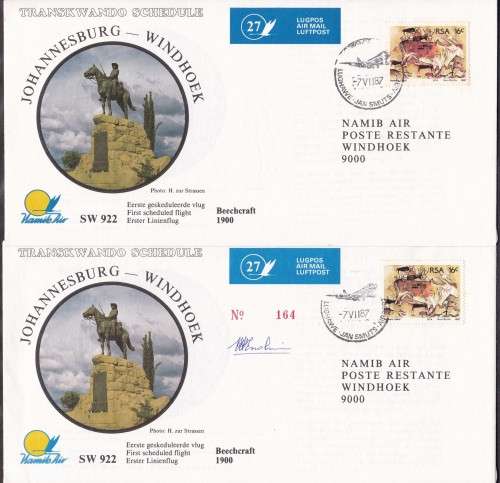 NAMIBIA - NAMIB AIR, 2 X FLIGHT FDC'S NO.27, 1 X UNSIGNED & 1 X SIGNED!!!!!