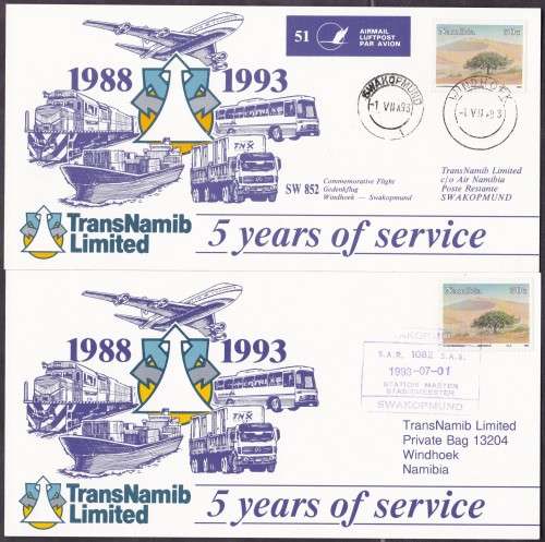 NAMIBIA - FLIGHT FDC NO.51, 5 YEARS OF SERVICE + RAILWAYS FDC - NOT NUMBERED!!!!!