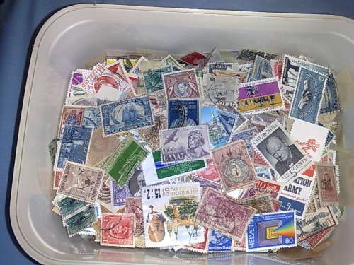 WORLWIDE ASS. IN ALMOST FULL ICE CREAM TUB-MANY HUNDREDS, GOOD STAMPS IN HERE,SURE TO BE FINDS