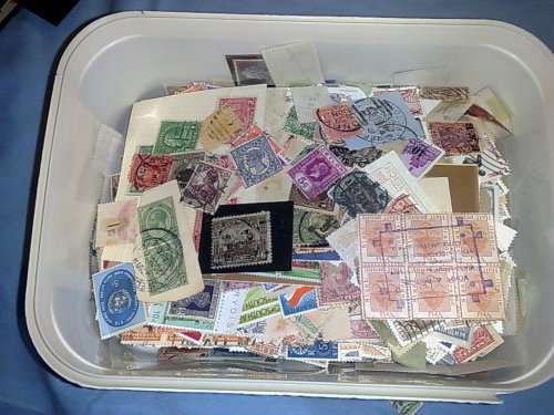 WORLWIDE ASS. IN ALMOST FULL ICE CREAM TUB-MANY HUNDREDS, GOOD STAMPS IN HERE,SURE TO BE FINDS