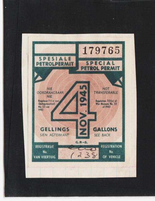 UNION SA-WW2-SPECIAL PETROL PERMIT-4 GALLONS-NOVEMBER 1945-FINE,MOUNTED ON PAGE